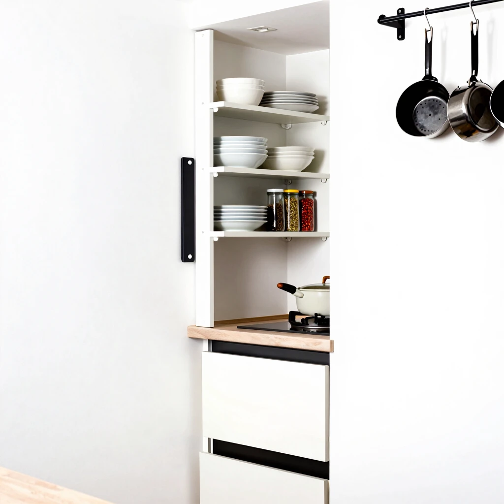 Compact kitchen using vertical storage and organized shelves