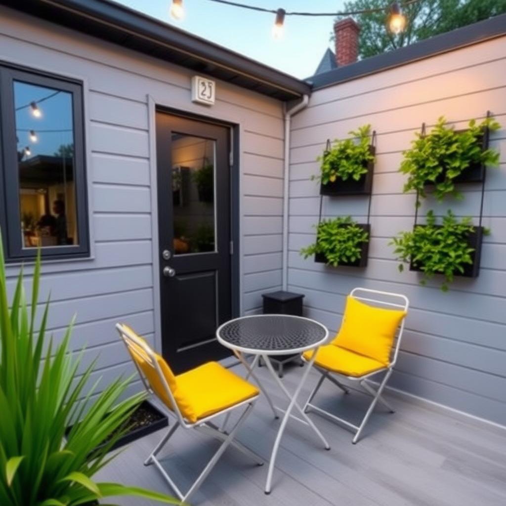 Small outdoor patio with light gray decking and yellow cushions