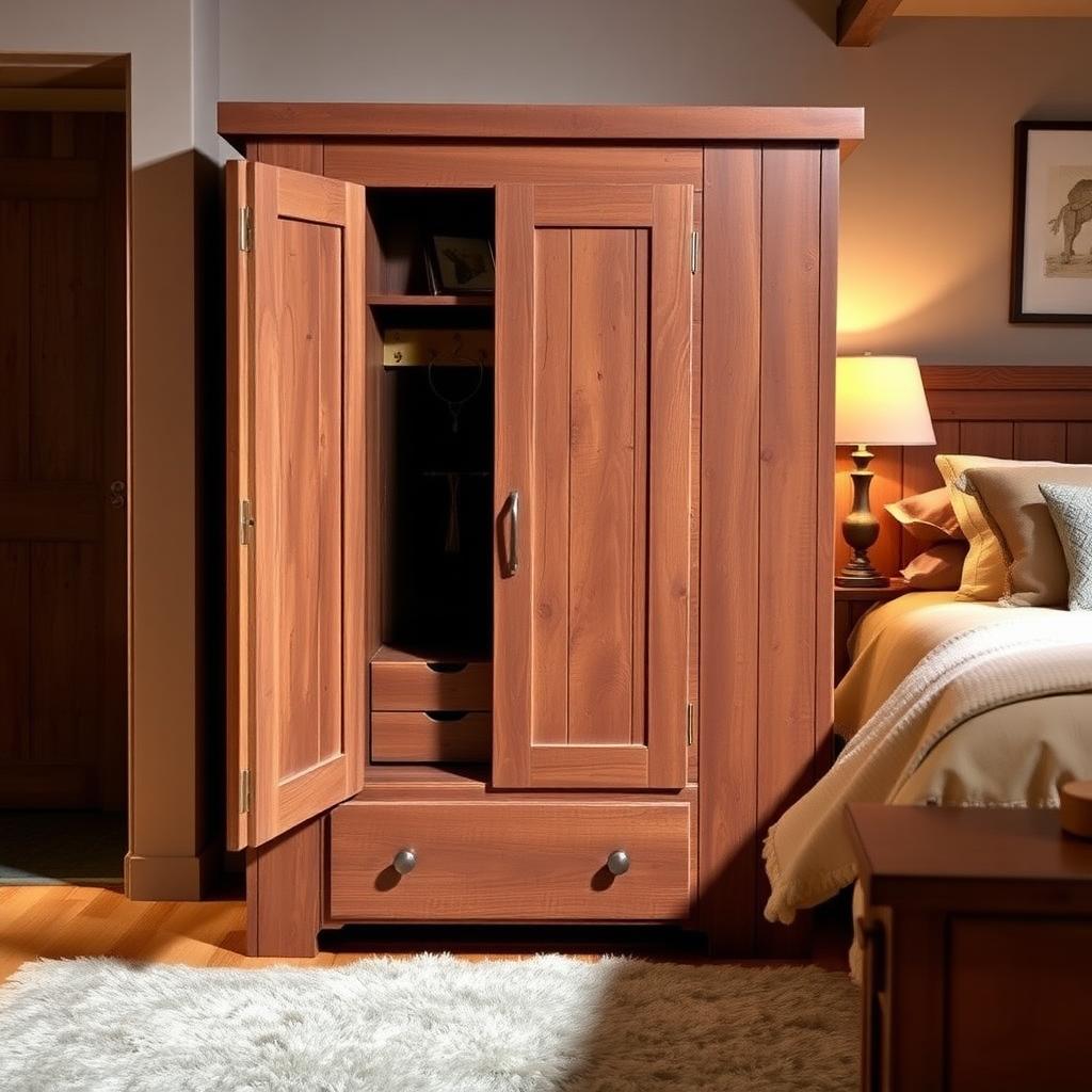 Rustic oak armoire in a cozy bedroom with a hidden velvet-lined jewelry tray visible through a slightly open door.