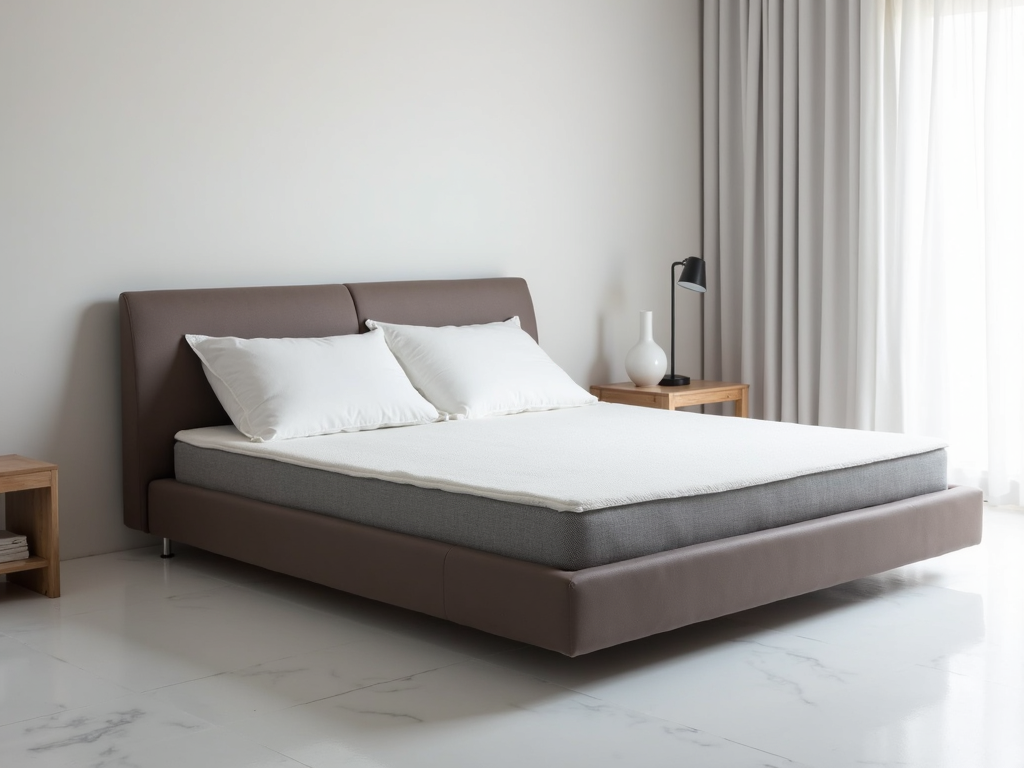 A sleek bed with a thick mattress, fluffy pillows, and a minimalist frame