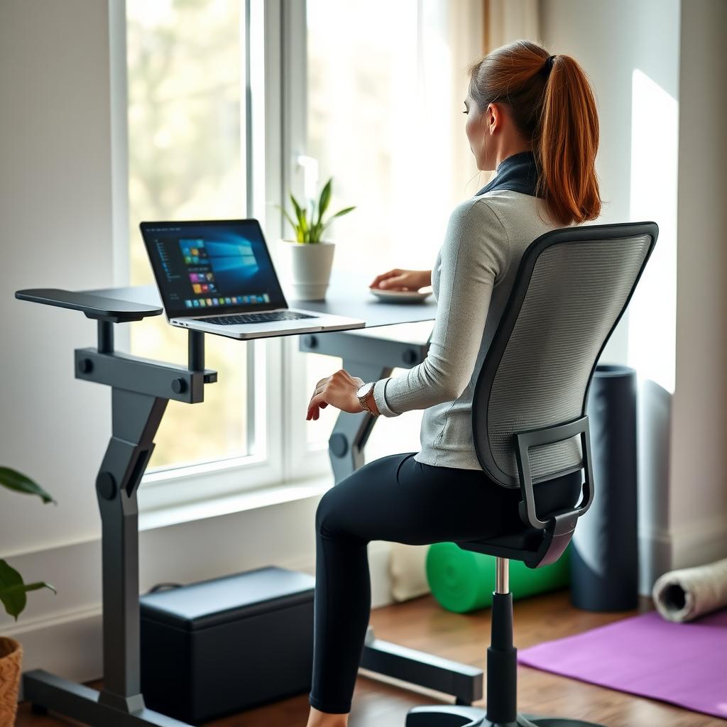 Modern home office with ergonomic desk and chair, a yoga mat in the corner, and natural light from a window.