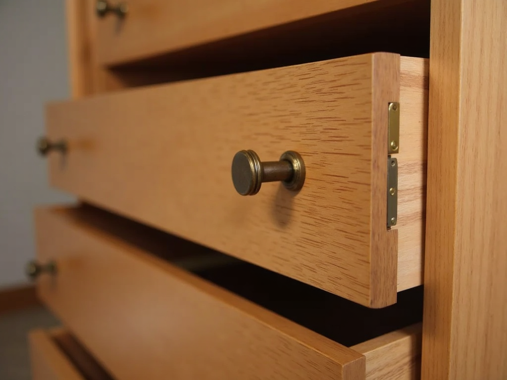 Close-up of an armoire’s smooth drawer slides and brass hinges.