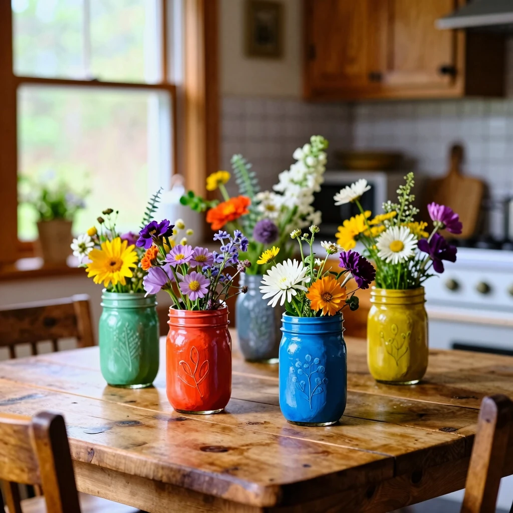 Colorful painted mason jars used as flower vases on a wooden table
