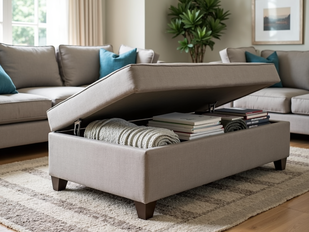 A stylish living room with a storage ottoman serving as a coffee table and storage solution.