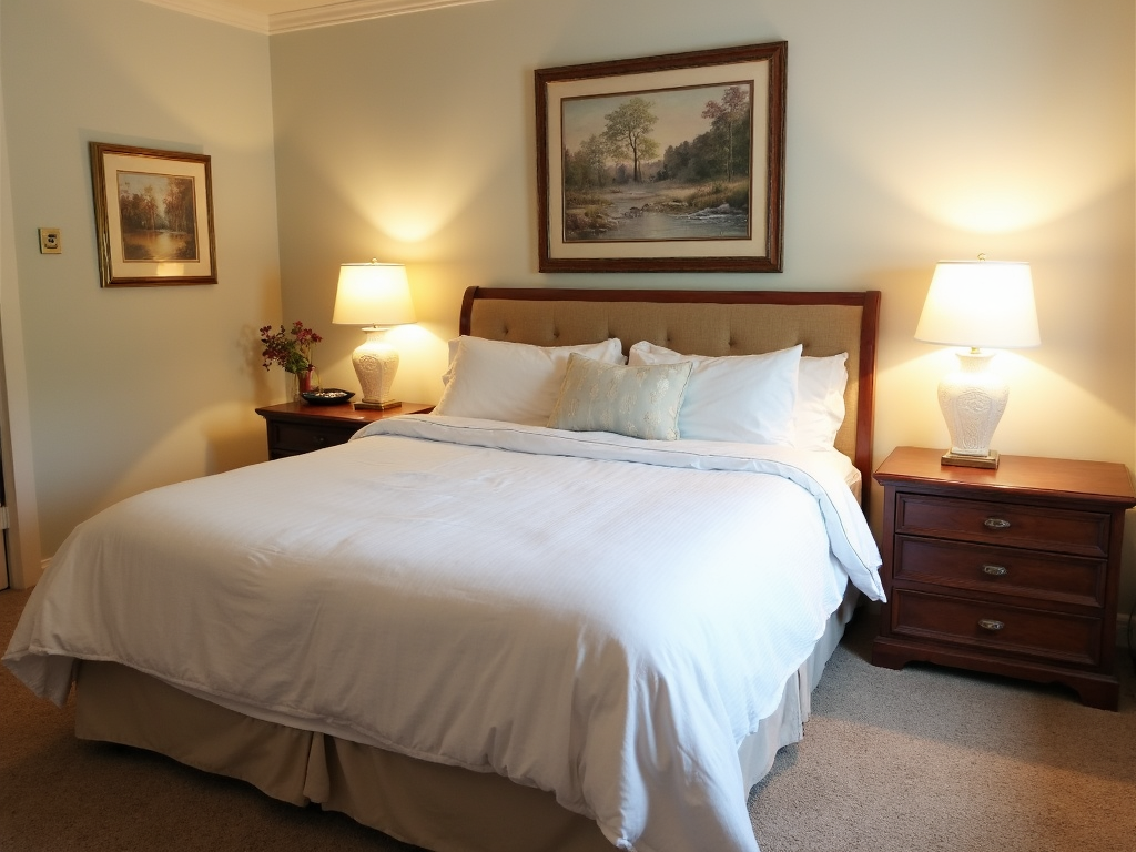 A bedroom with a bed that’s too large for the space.
