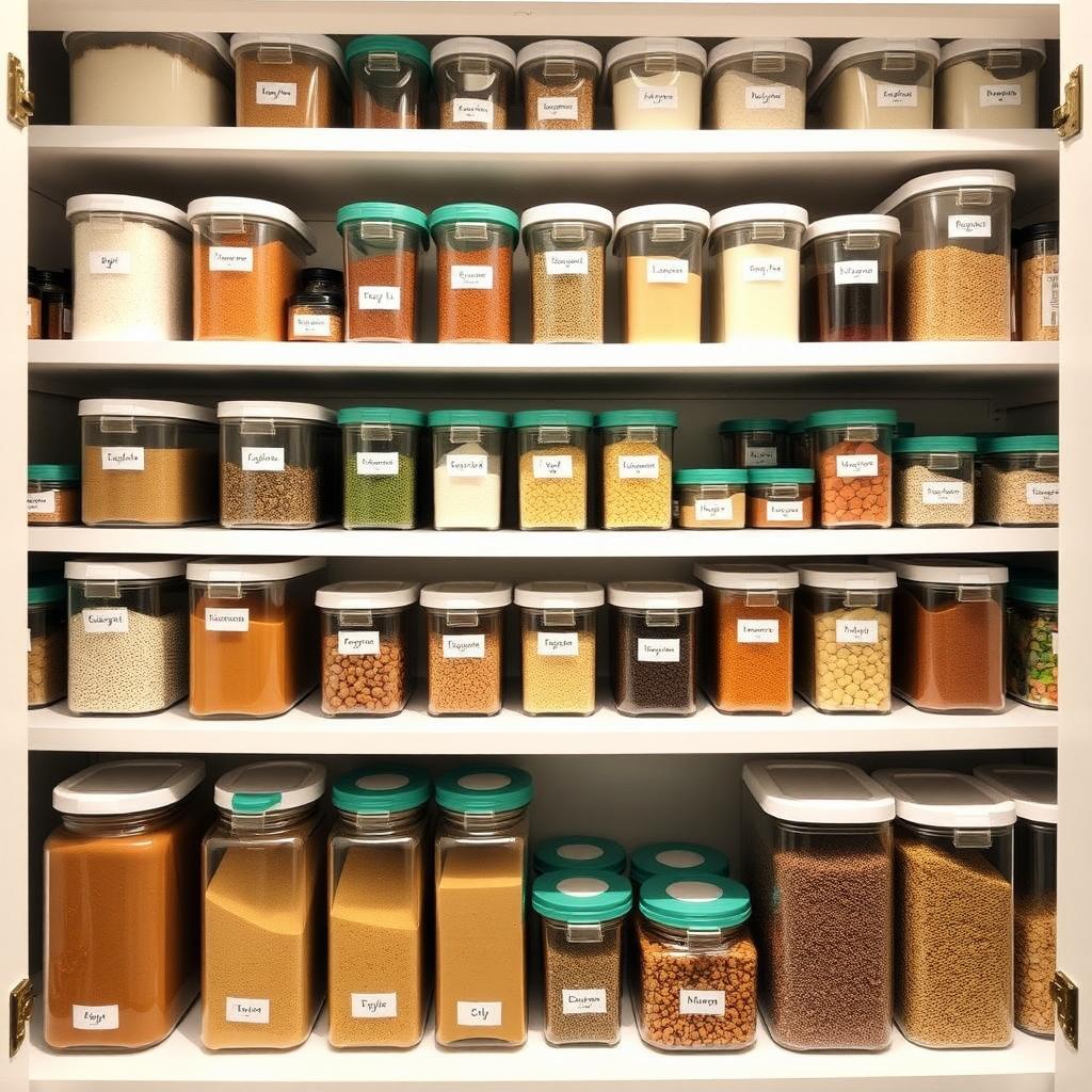 Organized pantry with labeled containers.