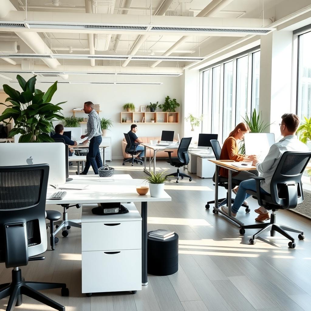 Modern office with ergonomic workstations and a cozy office bed corner