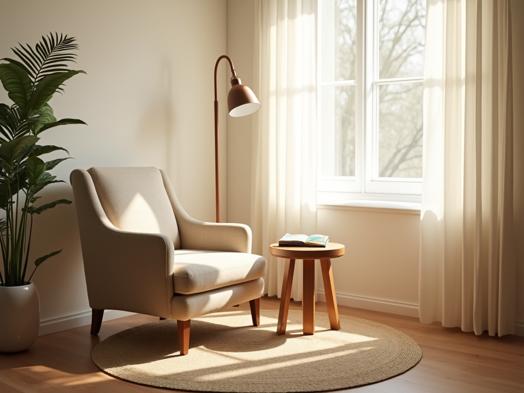 Minimalist reading nook with simple furniture and natural light.