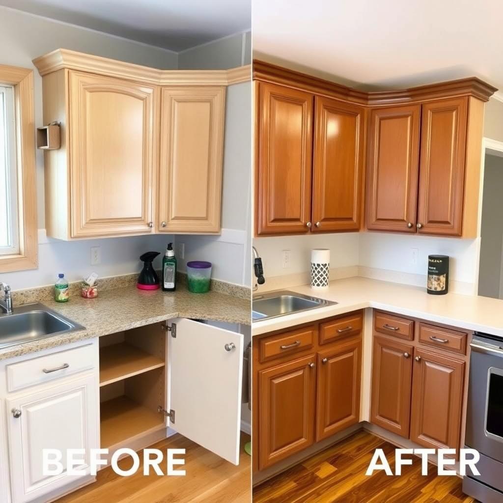 Before and after of a DIY cabinet organization project.