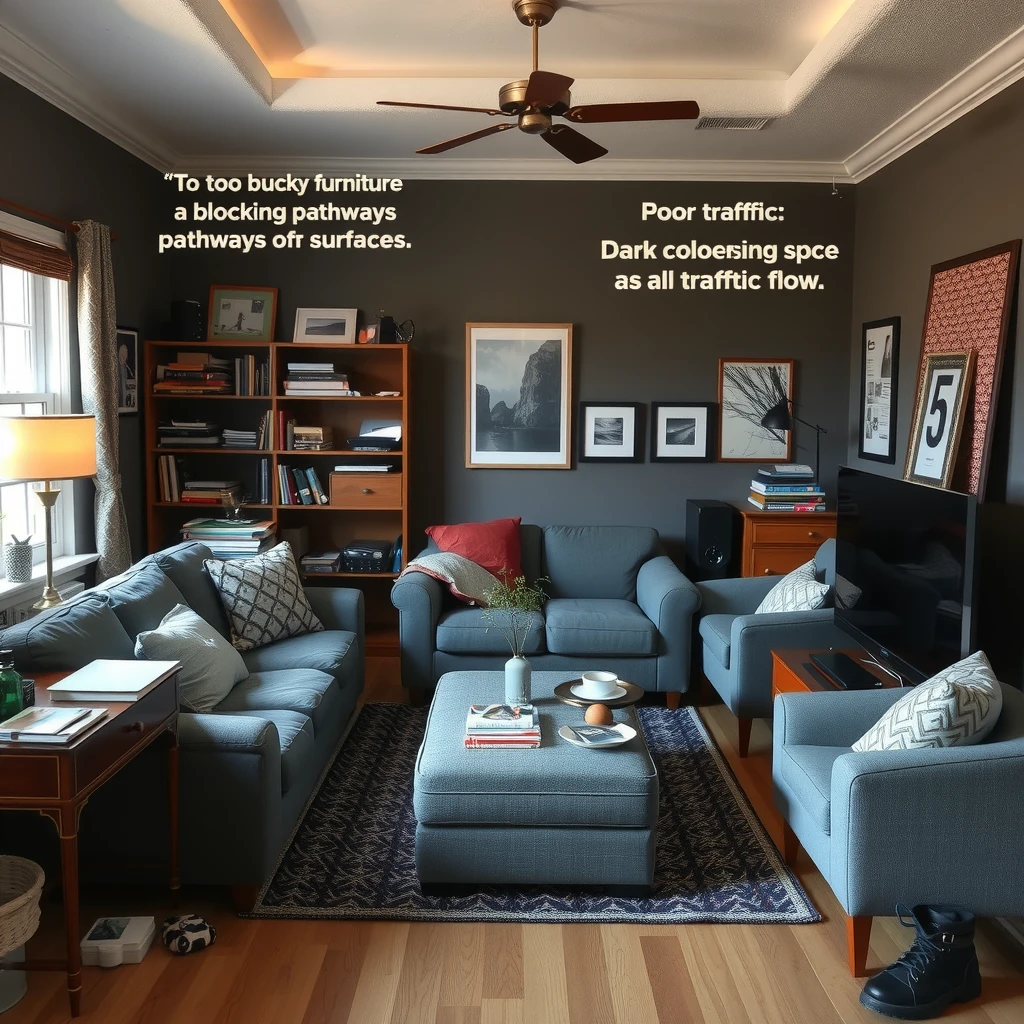 Example of furniture arrangement mistakes in a small cluttered room