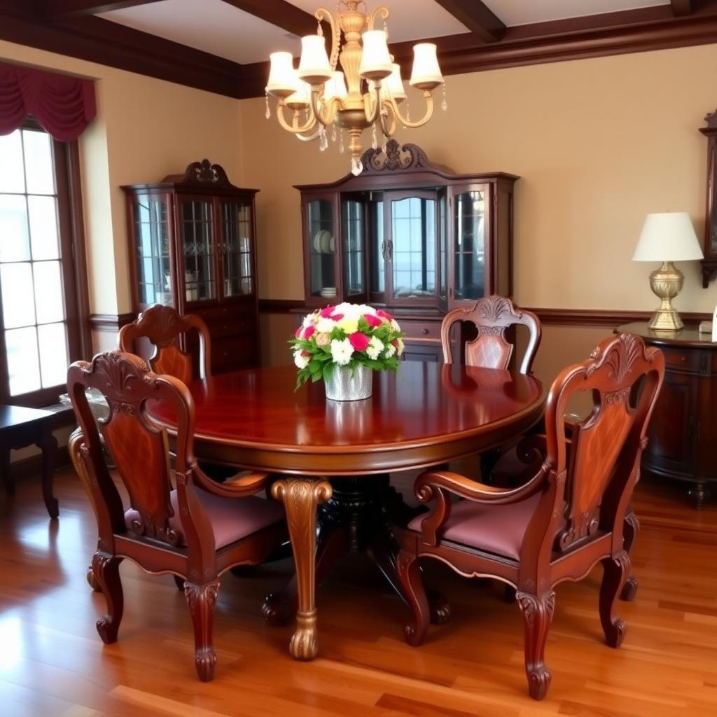 Restored mahogany dining set in a formal dining room, polished to a glossy finish with a floral centerpiece.