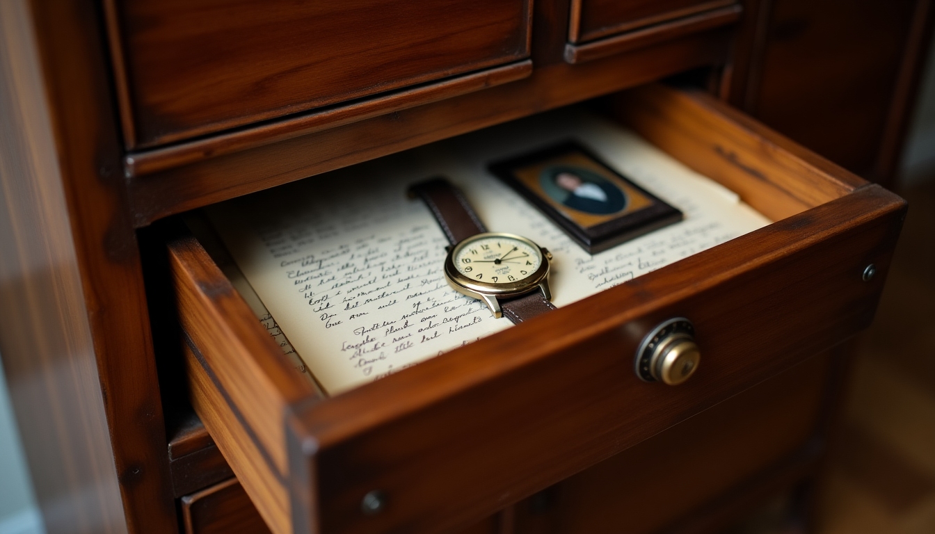 Detailed close-up of an armoire's hidden compartment filled with personal items.