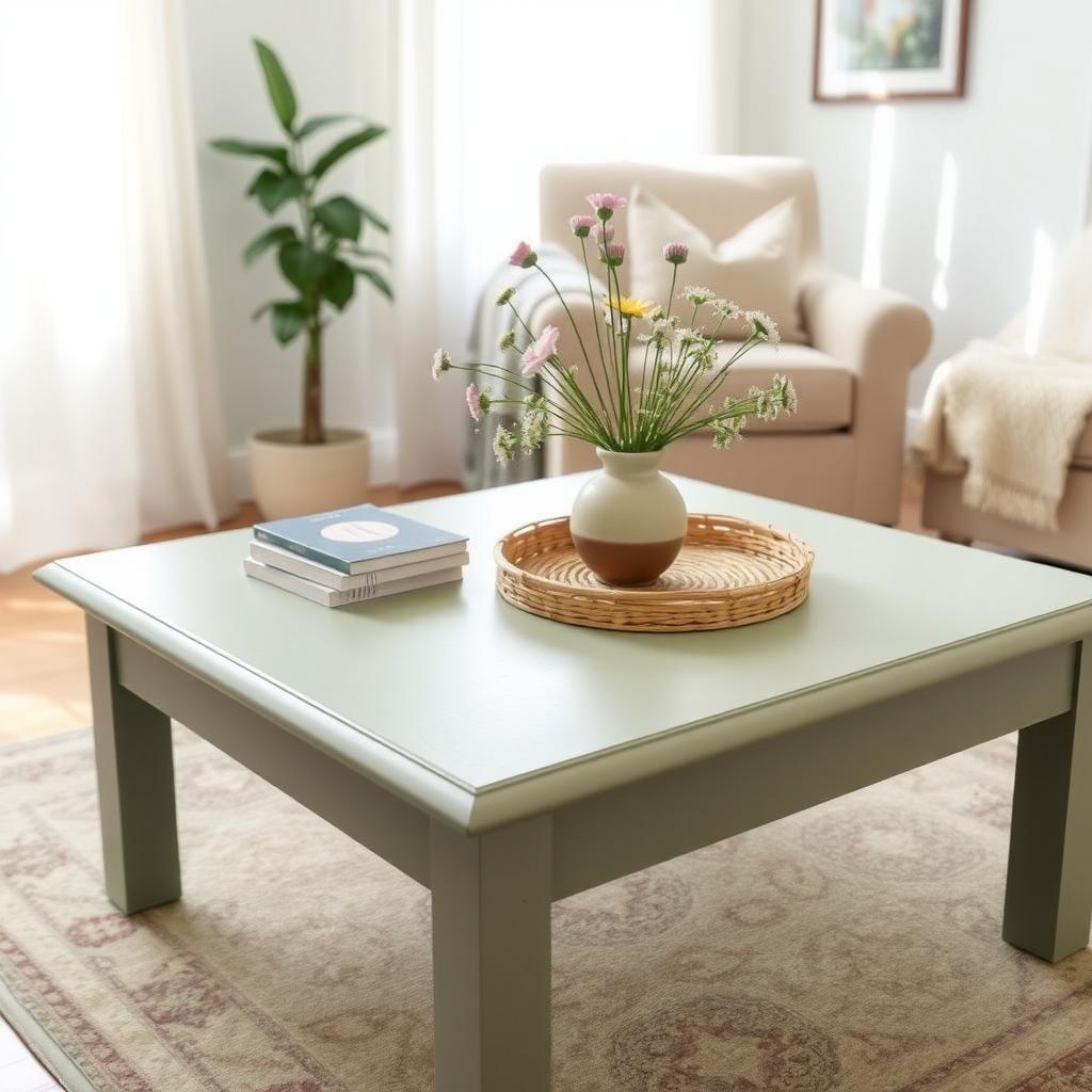 Bright living room with a sage green thrift store coffee table holding books and a vase, next to an armchair and rug.