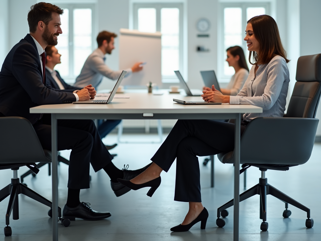 Office worker doing ankle circles during meeting