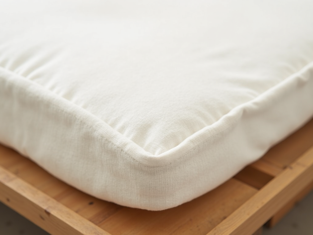 Organic cotton futon mattress on a wooden frame.
