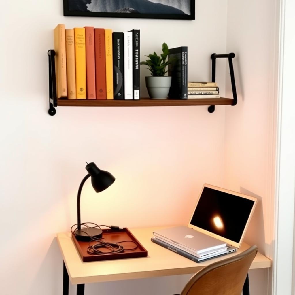 Cozy home office with wall-mounted shelf and organized desk