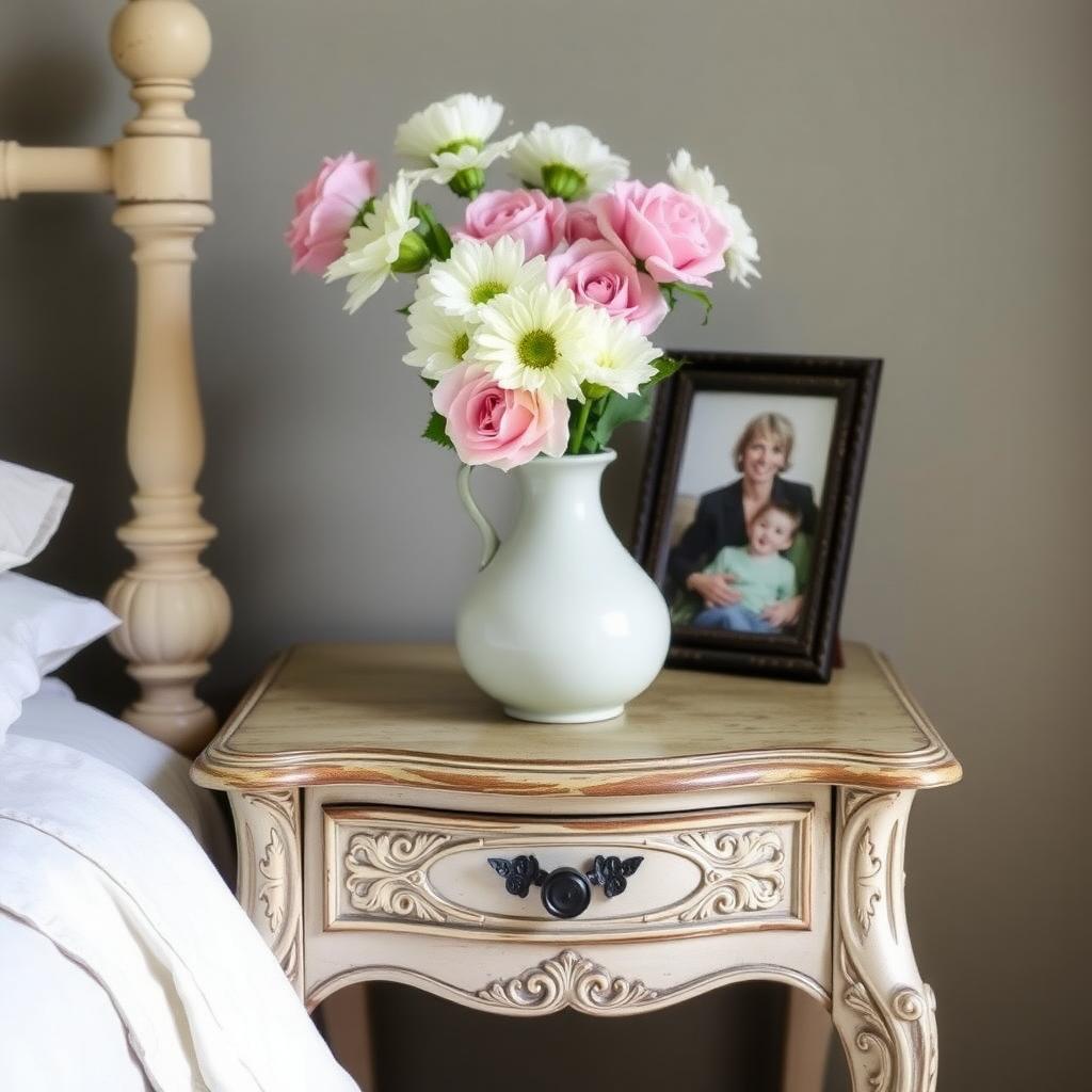 A vintage nightstand with flowers and a photo frame.
