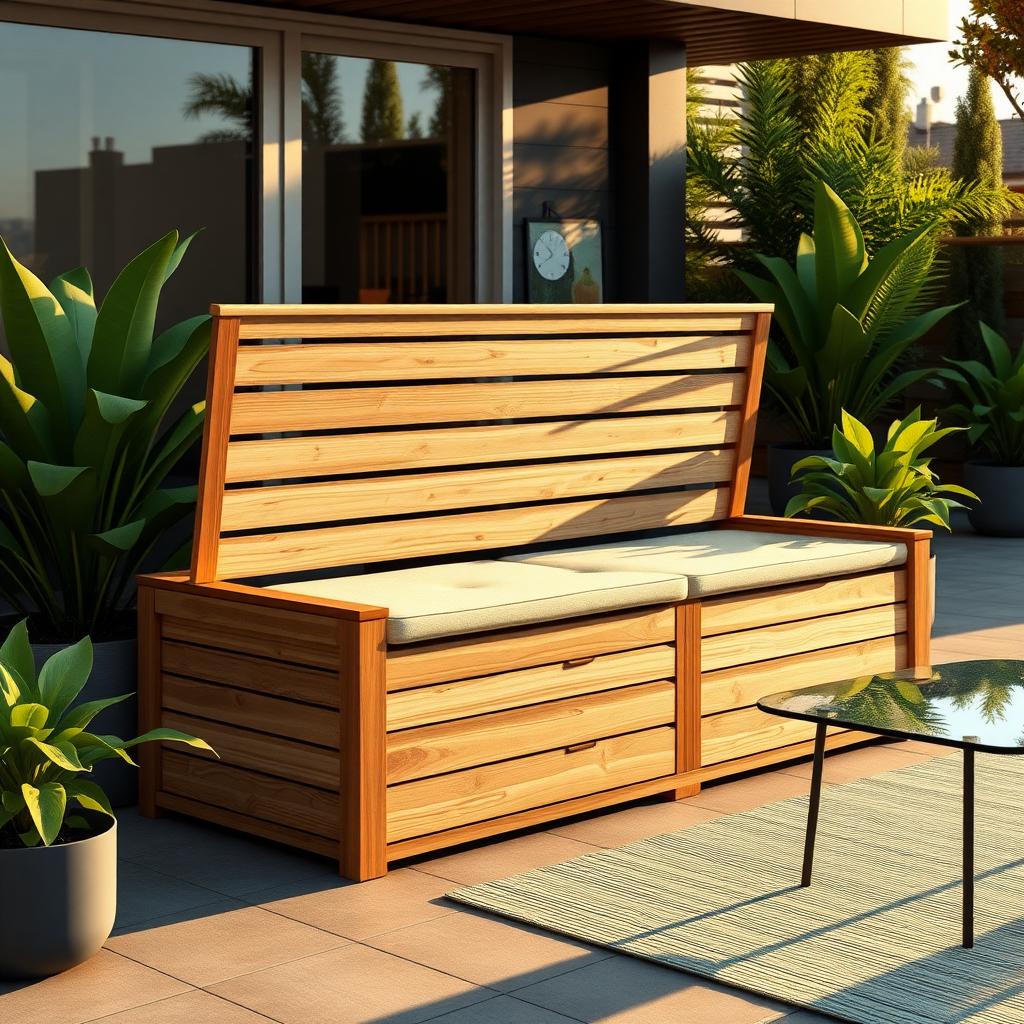 Modern patio with a teak storage bench, cushioned seat, and surrounding greenery during golden hour.