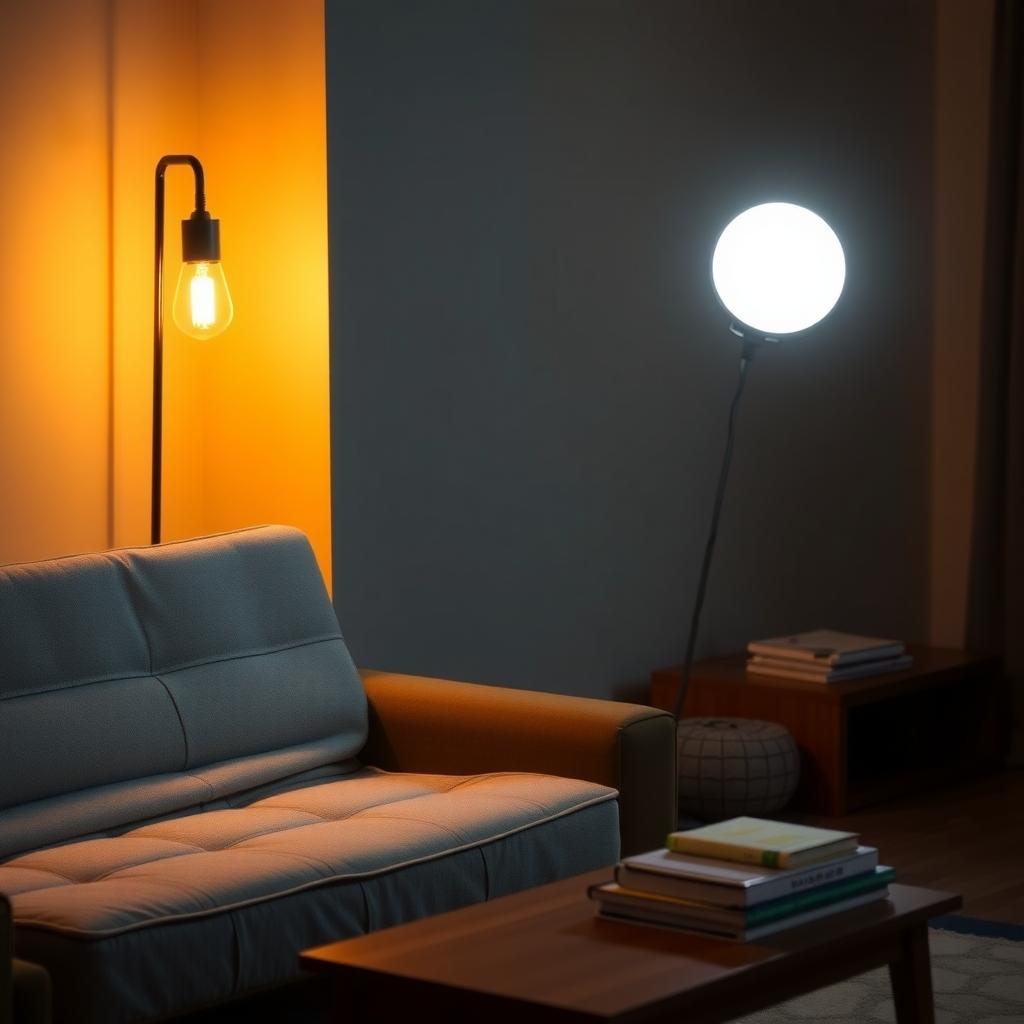 Cozy living room illuminated by a warm LED bulb in a modern floor lamp, with a futon covered in a gray patterned cover.