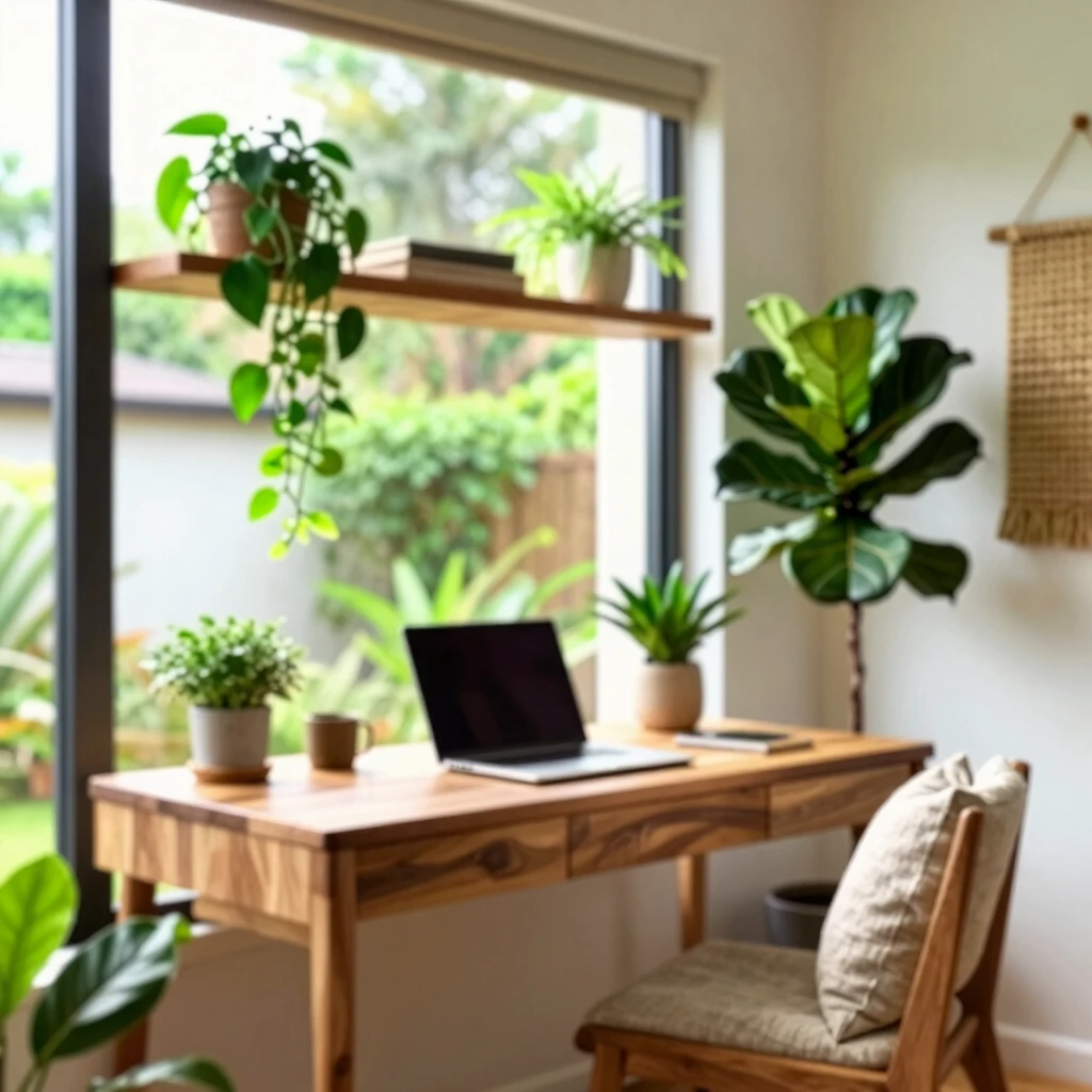 Biophilic design in modern home office with plants and natural light