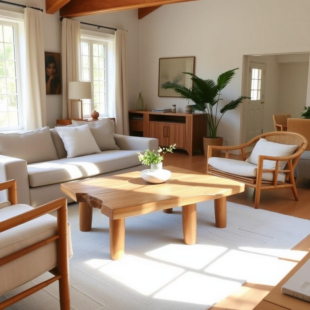 Cozy living room with eco-friendly reclaimed oak coffee table, linen sofa, and bamboo chairs under natural sunlight.