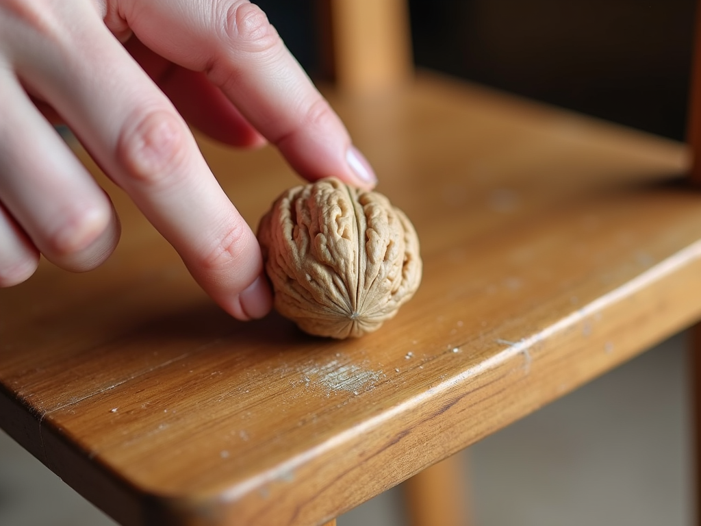 Fixing a scratch on wood furniture with a walnut.