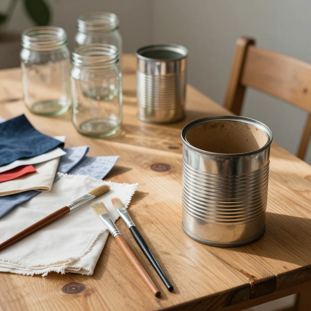 Beginner's upcycling workspace with recycled materials