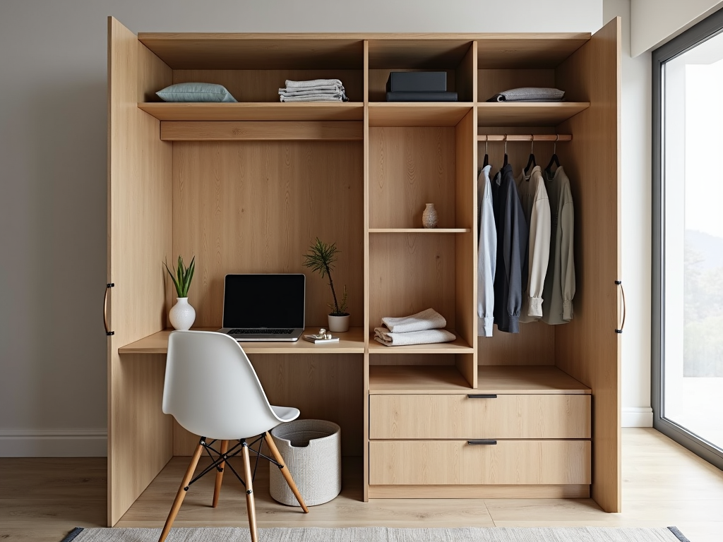 Multi-functional armoire with desk and wardrobe