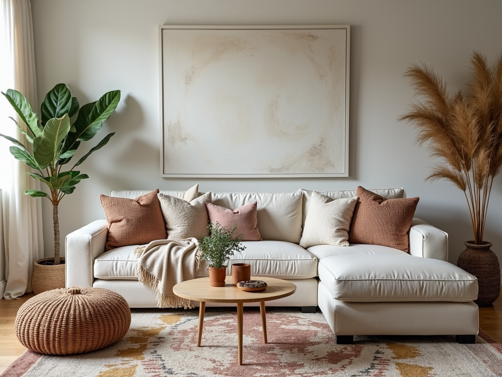 Living room with layered textiles, featuring a patterned rug, textured throw, and mixed pillows.