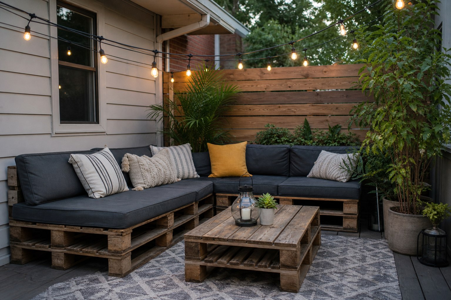 Budget-Friendly DIY Patio Upgrades featuring reclaimed pallet seating and string lights