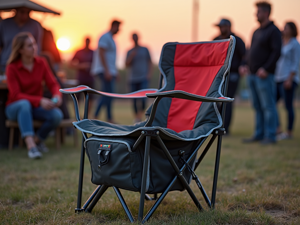 Modern foldable chair with cooler and USB port at a tailgate party.