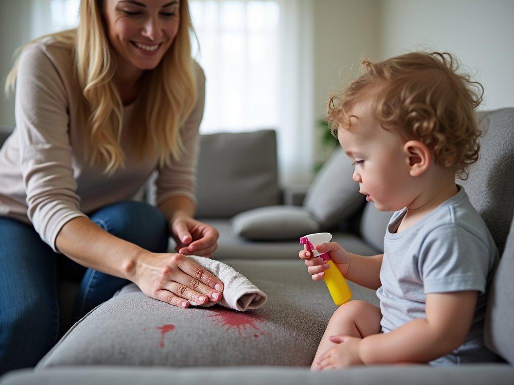 Blotting a stain on a sofa in a busy home