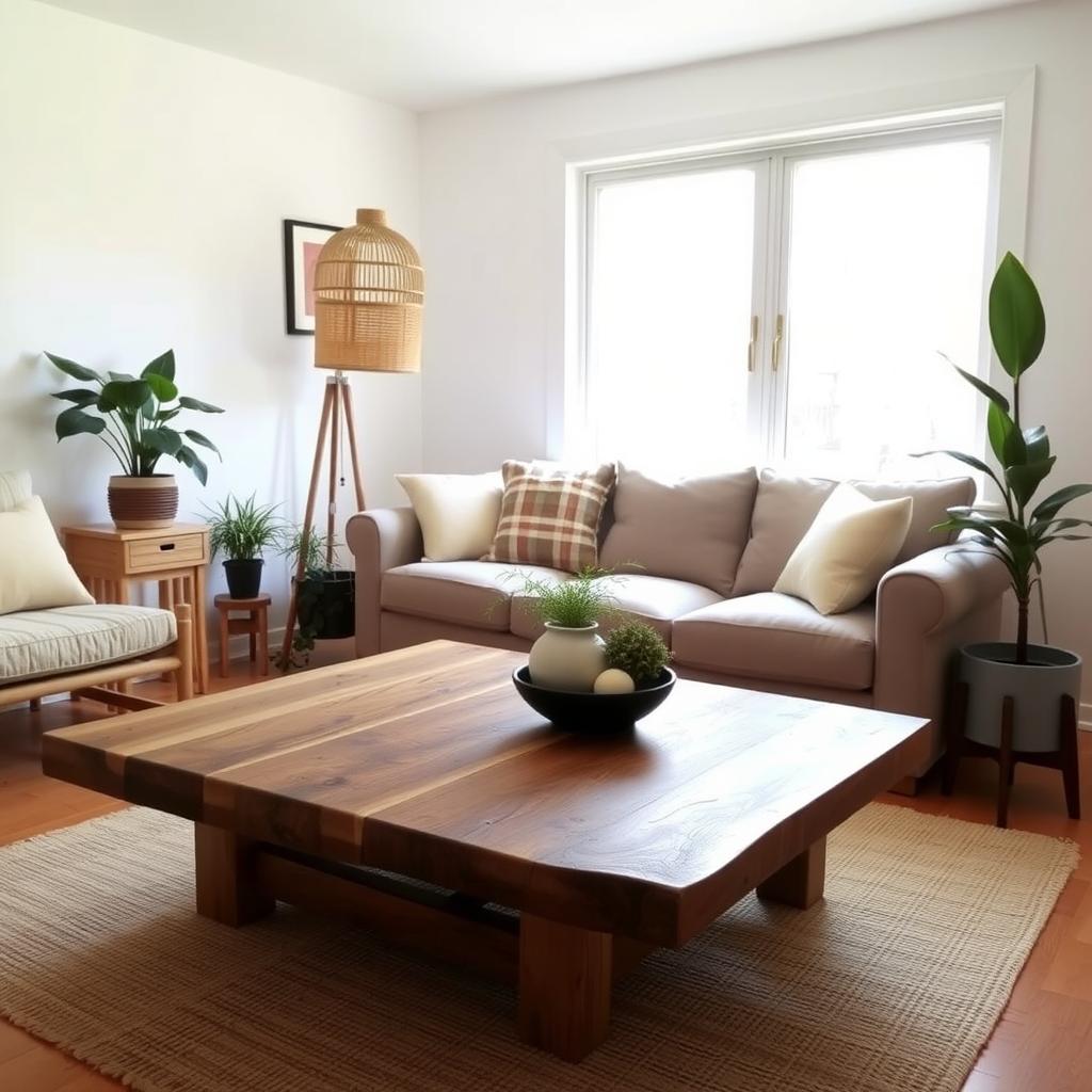 Cozy living room with reclaimed wood coffee table, organic cotton sofa, and potted plants.