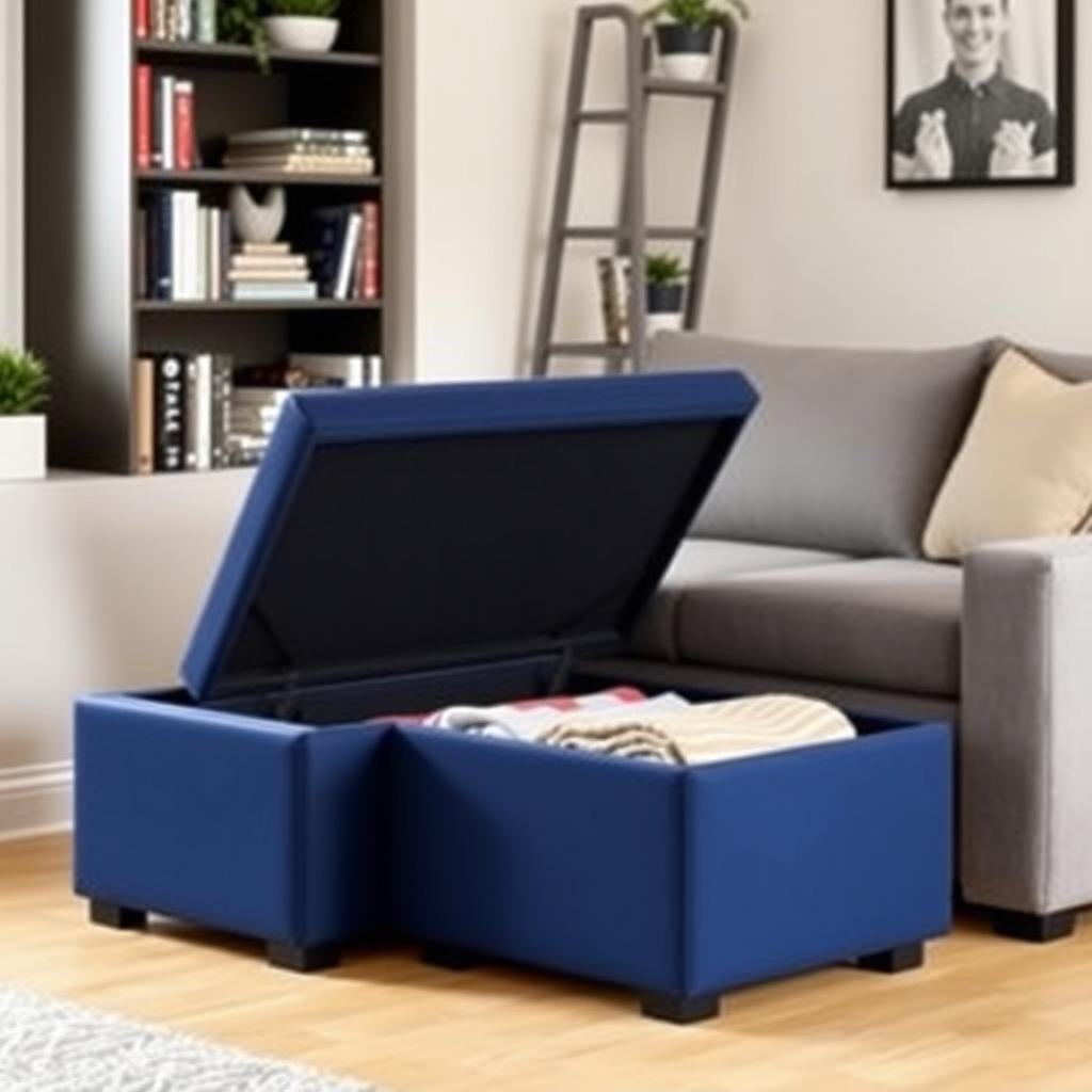 Navy blue storage ottoman in a small living room corner, open to show blankets, next to a loveseat and bookshelf.