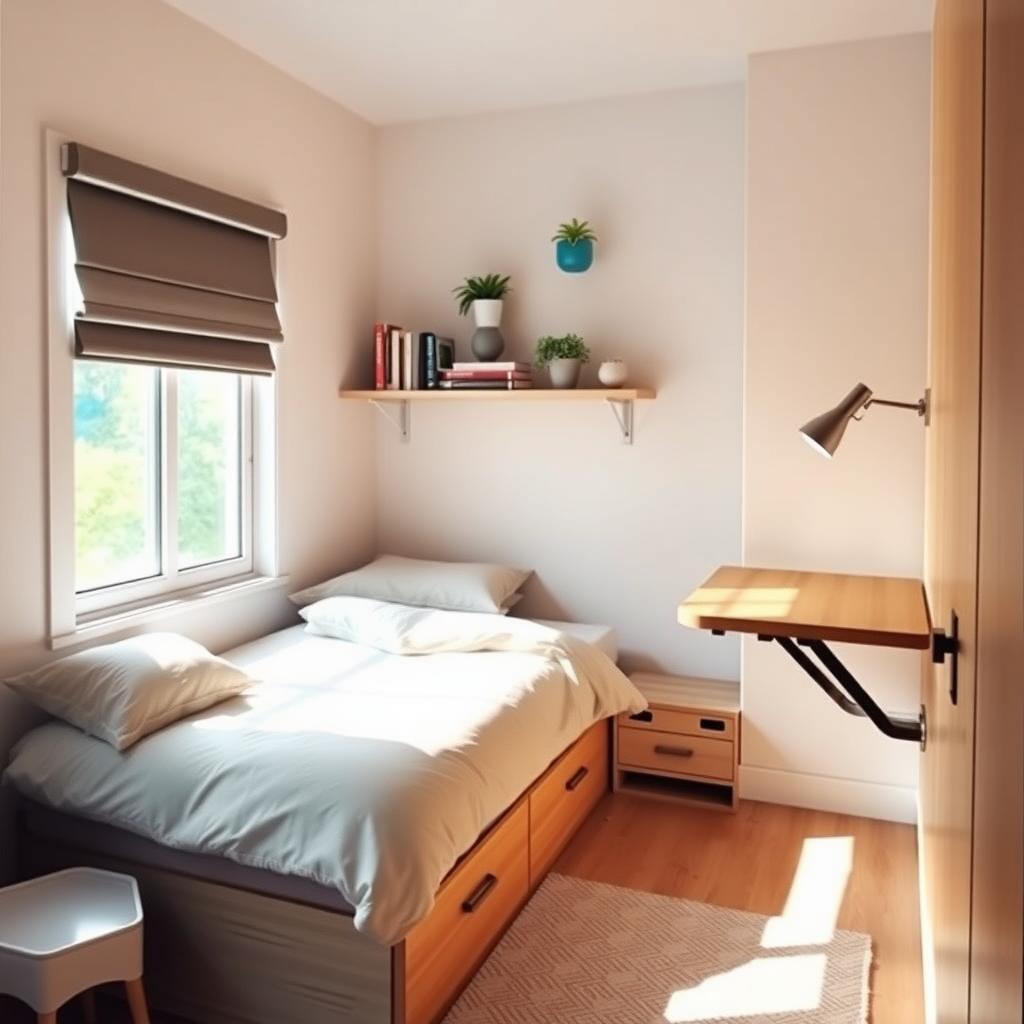 Cozy small bedroom with under-bed storage, floating shelves, and a foldable desk.