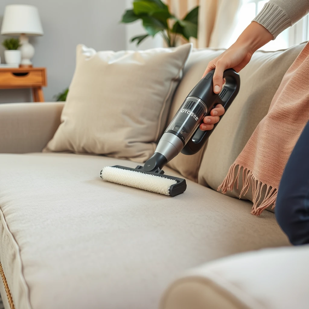 Person vacuuming fabric upholstery sofa with brush attachment