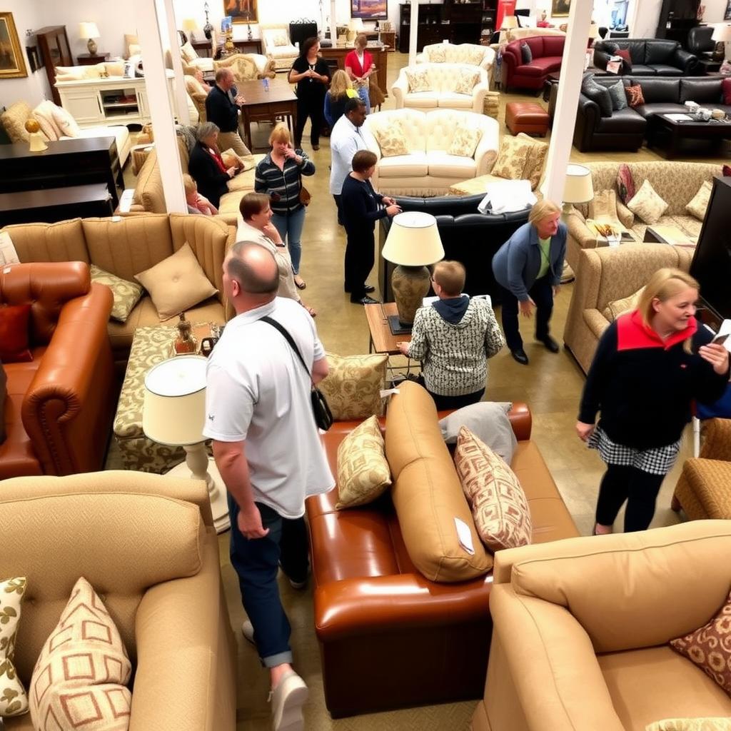 A bustling furniture sale event with rows of sofas, chairs, and tables on display. Shoppers are browsing, some sitting on the furniture to test comfort, while sales staff assist with inquiries. The atmosphere is lively, with natural light streaming in through large windows.