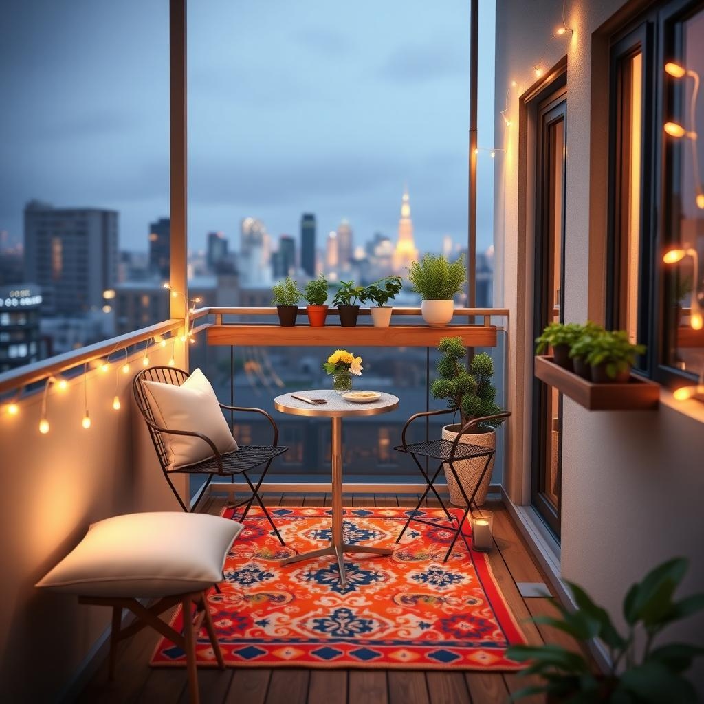Cozy small balcony with bistro table, cushioned chairs, outdoor rug, potted herbs, string lights, and city skyline.