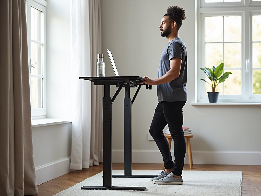 Person working at a standing desk in a home office