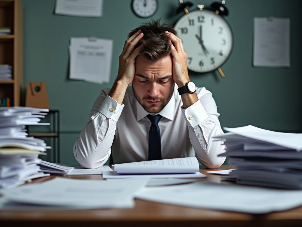 Stressed professional overwhelmed with tasks.