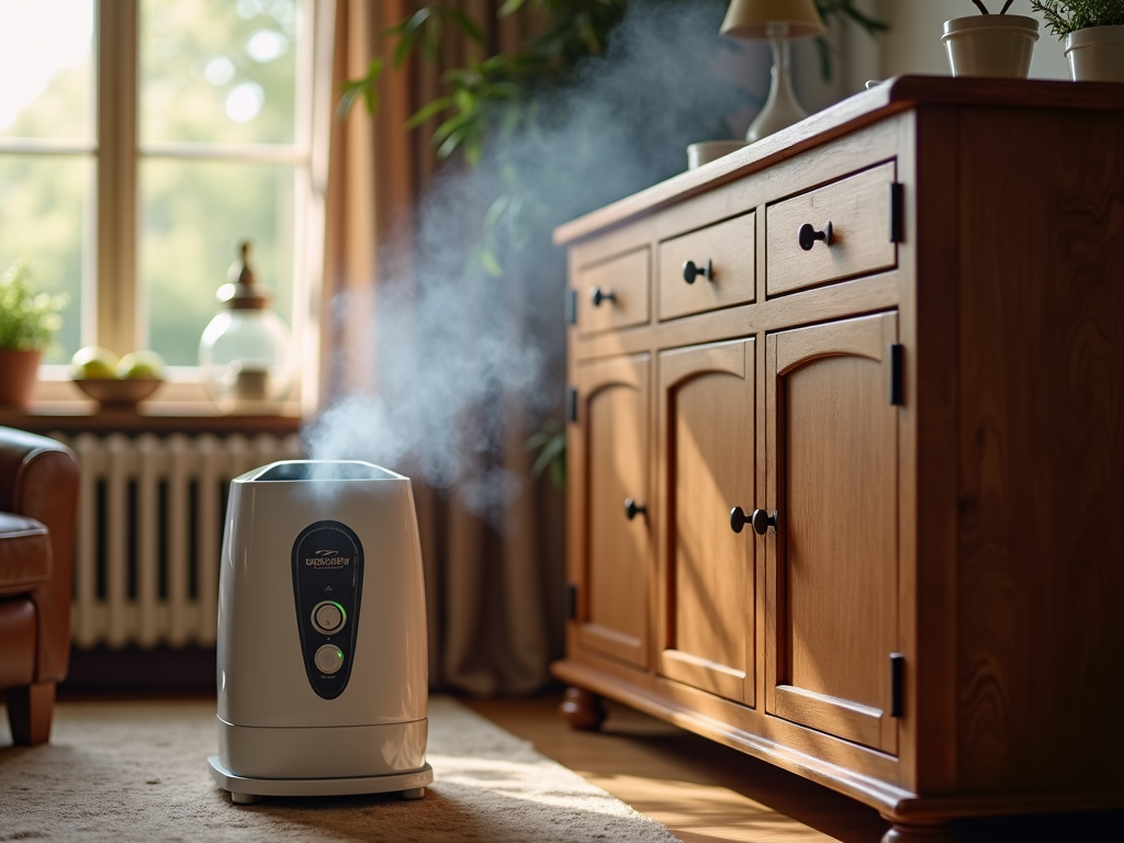 Maintaining wooden furniture with a humidifier and applying furniture polish for protection.