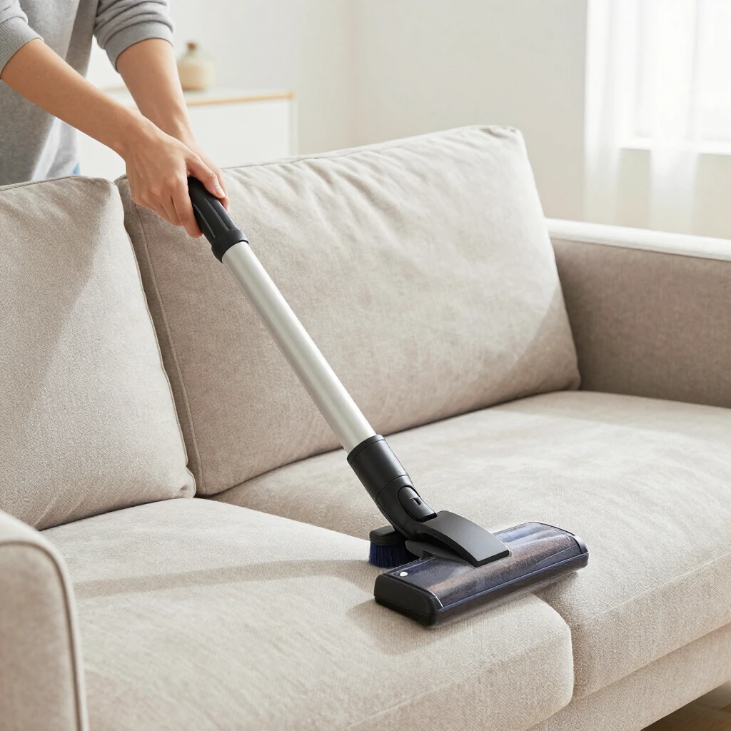 Person vacuuming an upholstered sofa to remove dust