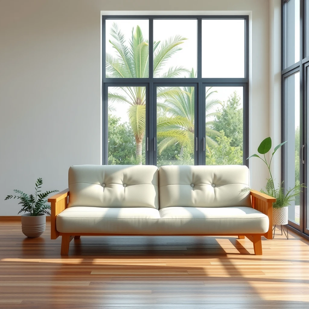 Serene minimalist living room featuring a simple futon and natural elements