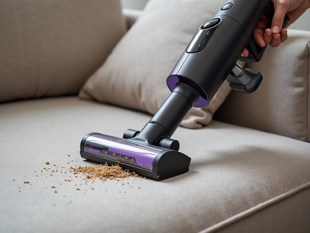 Handheld vacuum cleaning a couch cushion