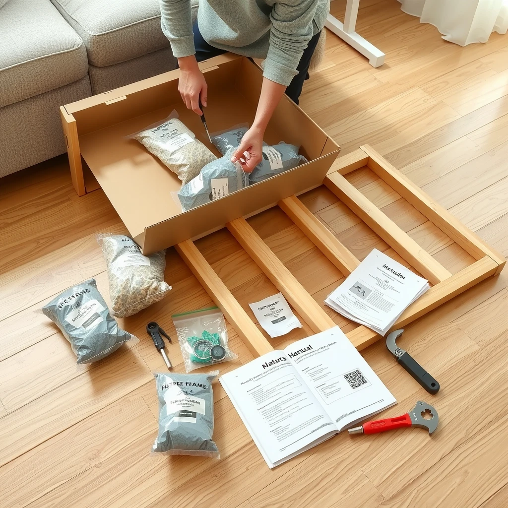 Person organizing futon parts and tools for assembly on the floor