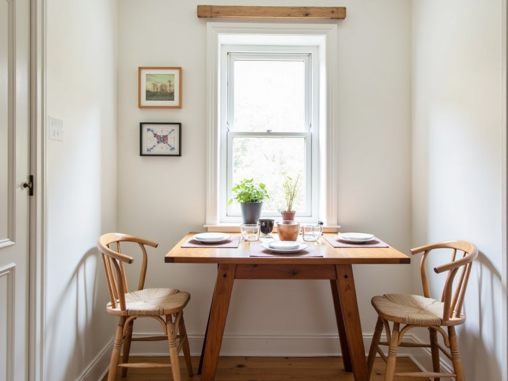 A small dining nook with a table against the wall.