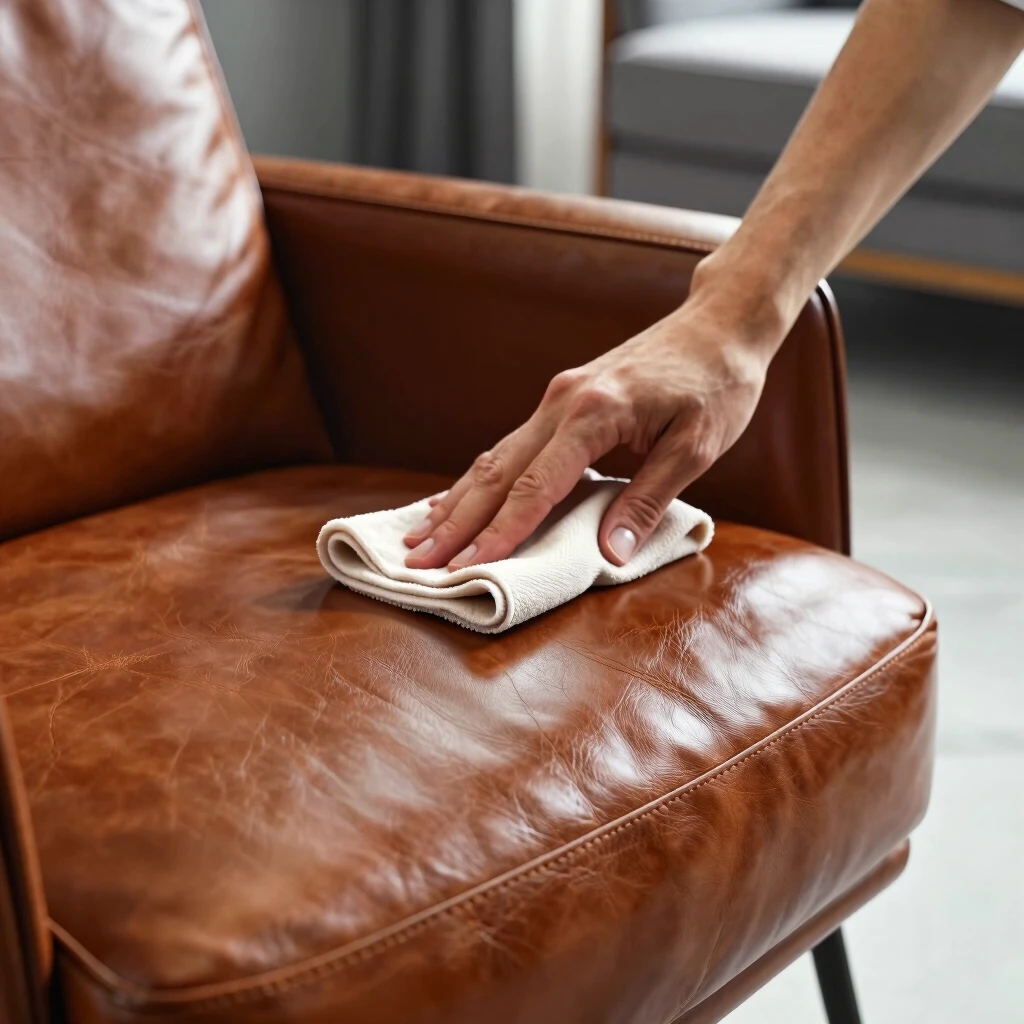 Person conditioning a leather armchair with a cloth