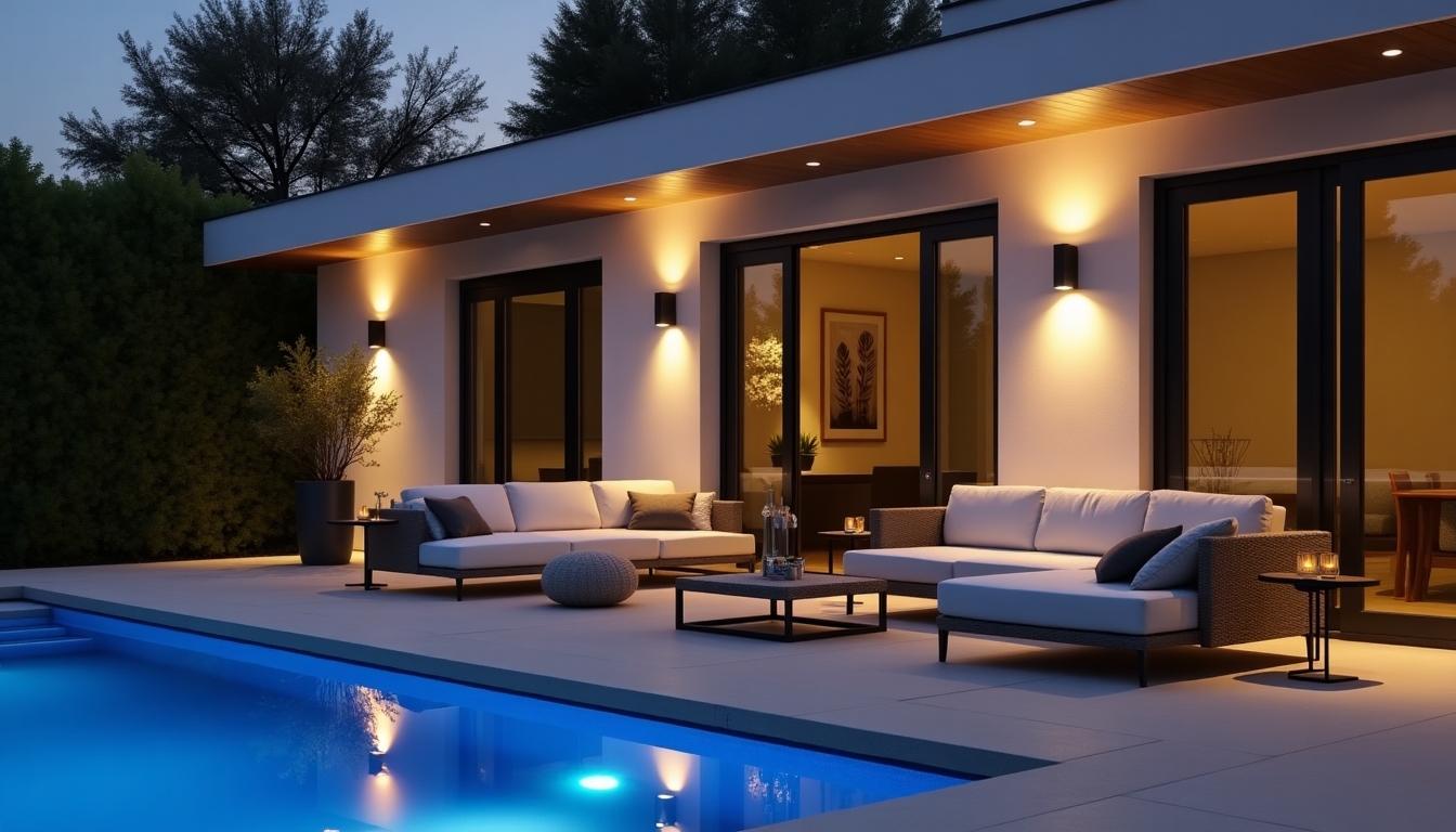 A contemporary patio with smart minimalist lighting.