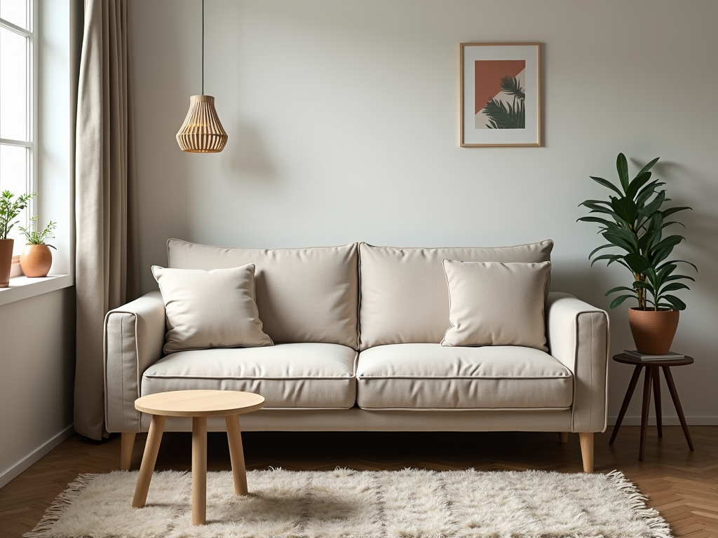 A studio apartment showcasing a futon in sofa mode, demonstrating space-saving functionality.