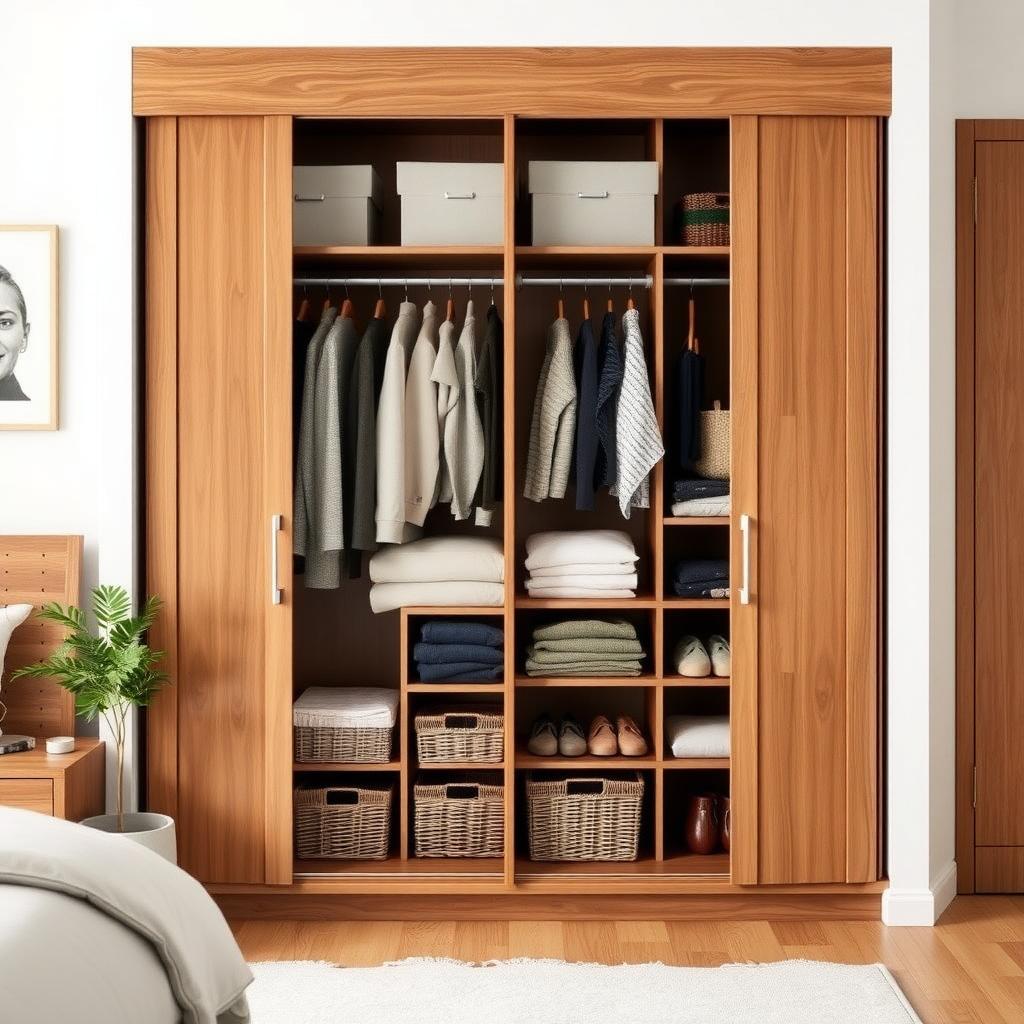 Bedroom corner with a modular armoire showcasing organized clothing and accessories.